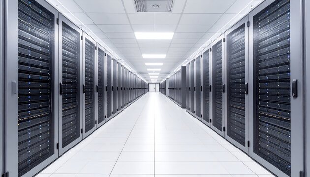 Vanishing Point Perspective Down a Gleaming Aisle of Server Racks