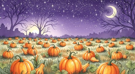 Vibrant pumpkin patch under a starry, crescent moonlit sky evokes magical autumn evenings and harvest celebrations, perfect for seasonal promotions and cozy designs.