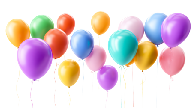 Assortment of colorful balloons floating upwards on white