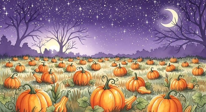 Vibrant pumpkin patch under a starry, crescent moonlit sky evokes magical autumn evenings and harvest celebrations, perfect for seasonal promotions and cozy designs. - Powered by Adobe