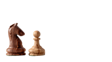 Strategic Encounter: A meticulously crafted wooden knight and pawn stand in stark contrast against a clean backdrop, poised for a chess match