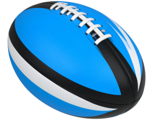 Modern Synthetic Rugby Ball with Bold Stripes, 3D Angled View, isolated on a transparent background