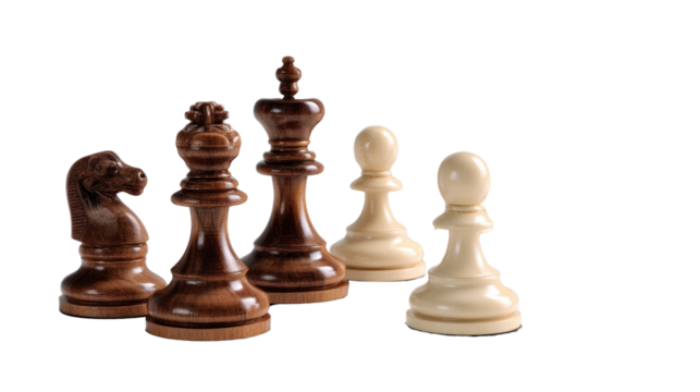 Chess Pieces Arrayed: Intricate chess pieces stand in focused array, each a testament to strategy and intellect, hinting at the depth of the game they represent.