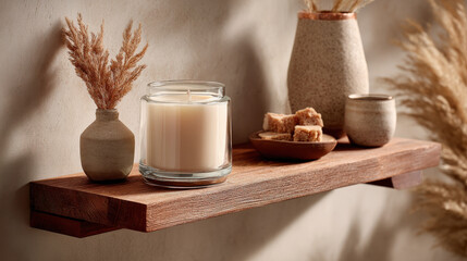 beautifully arranged aromatic candle in glass jar placed on rustic wooden shelf creates warm ambiance