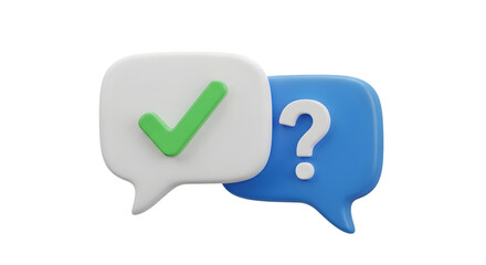 3d chat bubbles with check mark and question mark isolated on transparent background