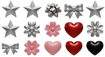 Decorative metallic stars bows flowers and hearts for design and craft elements