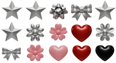 Decorative metallic stars bows flowers and hearts for design and craft elements