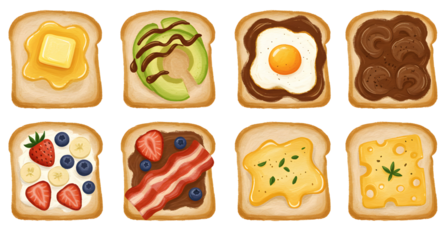 Collection of adorable illustrated toast slices with different toppings and spreads