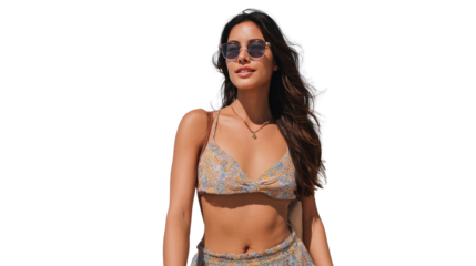 Radiant Daydream: A captivating woman, adorned in summer attire and fashionable sunglasses, exudes a sense of casual elegance, her gaze fixed on the horizon.
