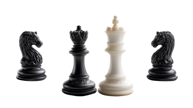 Chess Strategy Unveiled: An artistic studio shot of meticulously crafted chess pieces, with the majestic king and queen center stage, surrounded by strategic knight pieces.
