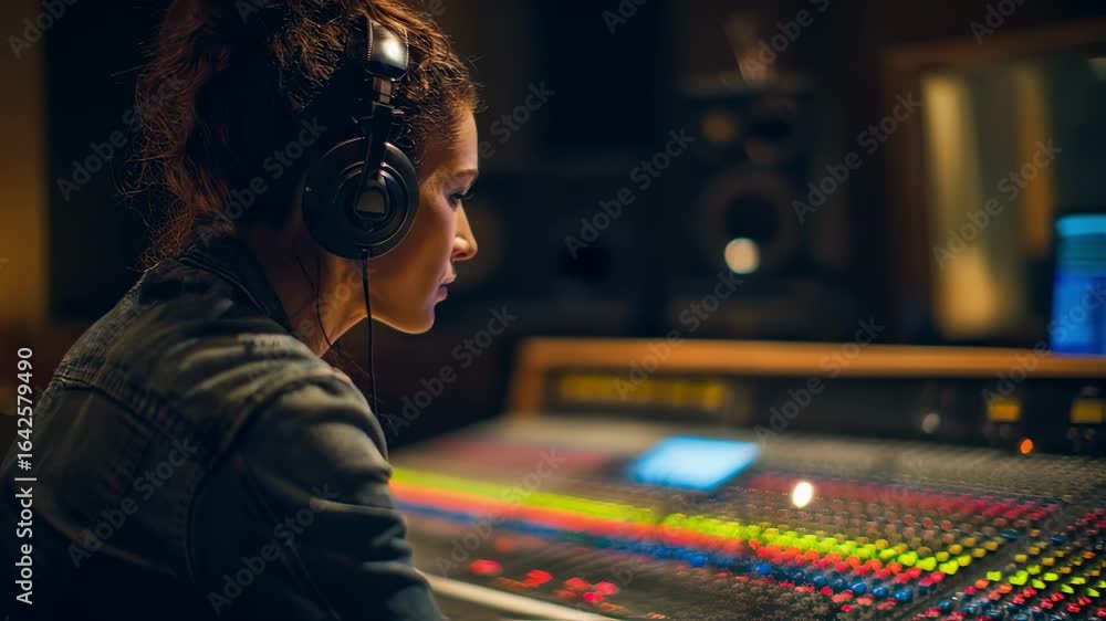 Poster creative music producer working at a mixing console layered with colorful sound levels collaborating
