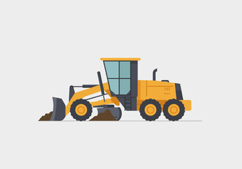 Yellow Motor Grader with Blade and Wheels Construction Vehicle.