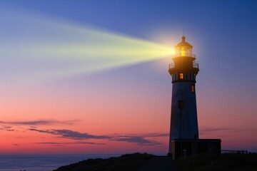 Dramatic lighthouse beam at sunset over ocean, coastal beacon guiding ships, nautical seascape twilight sky.