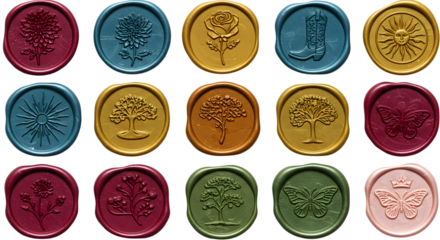 Set of round wax seal stamps in various colors featuring botanical and nature designs