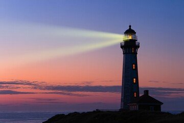Dramatic lighthouse beam at sunset over ocean, coastal beacon guiding ships, nautical seascape twilight sky.
