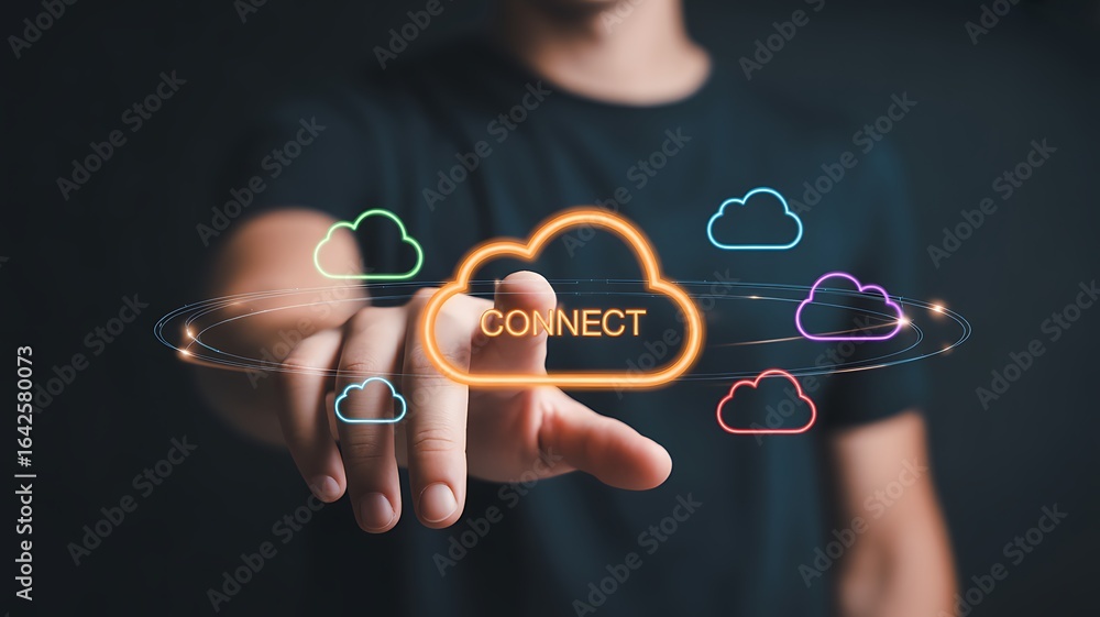 Poster person touching a glowing cloud icon labeled conect on a dark background connect connection