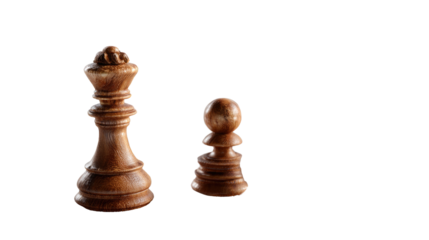 Chess Piece Standoff: A detailed shot captures the tense juxtaposition of a regal queen chess piece and a humble pawn, set against a clean background, embodying strategy, challenge.