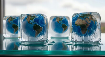 Small Earth globes frozen inside four melting ice cubes, symbolizing global warming and climate change.