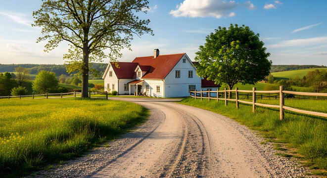 Quaint White Farmhouse with Red Roof on Curving Country Road in Rural Landscape