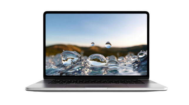 Laptop display with water scene: The sleek laptop showcasing a vibrant display, featuring an artistic close-up view of water droplets.