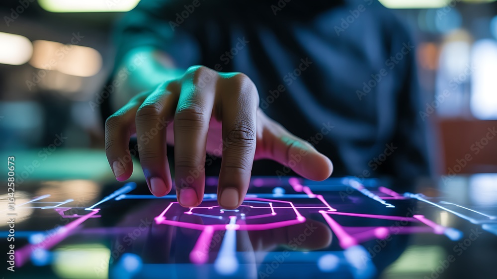 Aufkleber close-up of hand interacting with a bright digital interface with geometric patterns technology
