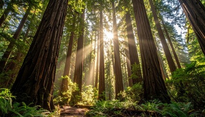Naklejka premium Ethereal Sunbeams Pierce the Canopy of Towering Redwood Giants