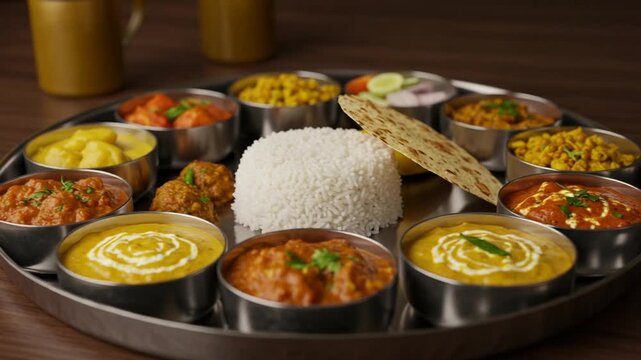 Colorful Indian Thali with Rice and Bread on Table