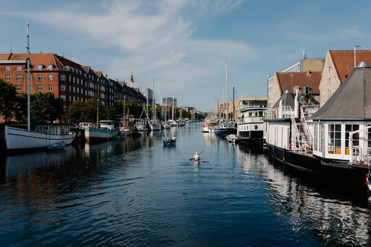 A large urban canal through the city of Copenhagen in Denmark