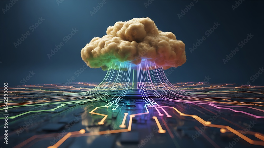 Poster fluffy cloud emitting colorful data streams onto digital circuit board image photo