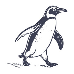 Fototapeta premium Stylized black and white penguin illustration, featuring a detailed line art design with a playful waddle pose, perfect for nature-themed decor or educational materials.
