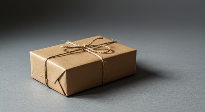 A simple brown paper wrapped gift tied with twine on a textured gray surface