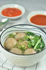 Meatball soup with vegetables and chilli, indonesian cuisine