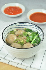 Meatball soup with vegetables and chilli, indonesian cuisine