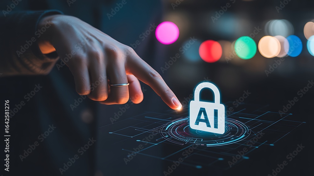 Aufkleber finger touching an ai padlock icon on a digital interface with bokeh lights pressing artificial inte