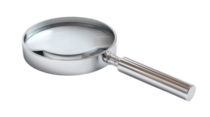 Magnifying Glass: An illustrative close-up captures a shiny magnifying glass, highlighting its sleek design and symbolic power to explore and analyze, suggesting detail-oriented work.