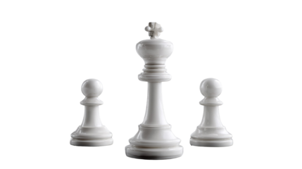 Chess King and Pawns: A striking composition featuring the majestic king chess piece, flanked by two pawns, symbolizing strategic planning and leadership in a monochrome environment.