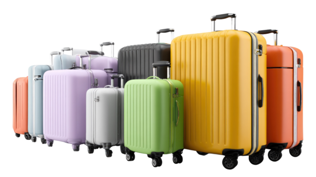 Colorful Luggage Array: A vibrant assortment of luggage stands ready for travel, with a spectrum of hues inviting exploration and adventure, perfect for globetrotters.