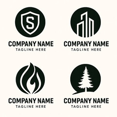 Collection of four modern logo templates for corporate branding. Includes abstract shield, building, leaf, and tree symbols for security, real estate, and eco companies.