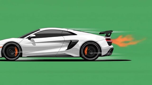 Sleek white sports car speeding, leaving a fiery trail.