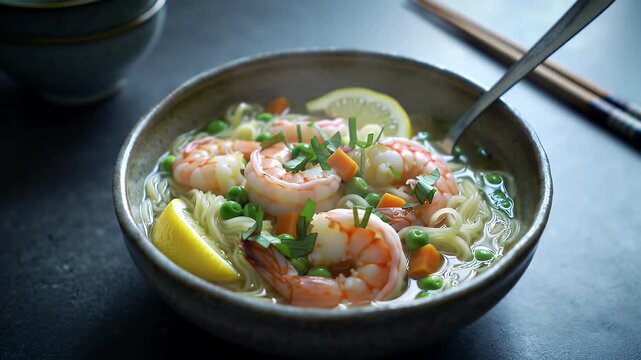 Shrimp Noodle Soup with Lemon and Herbs in Ceramic Bowl on Dark Stone Surface Culinary Still Life