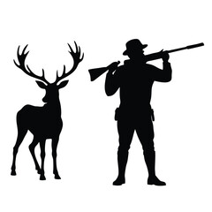 Hunter aims rifle near majestic stag deer shotgun