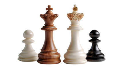 Chess Pieces on Display: An elegant arrangement of chess pieces, showcasing the king, pawn, and strategic game play and intellect.