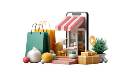 Fototapeta premium Digital storefront concept: An inviting digital storefront springs to life on a phone screen, surrounded by shopping bags, enticing the viewer into a world of convenience.
