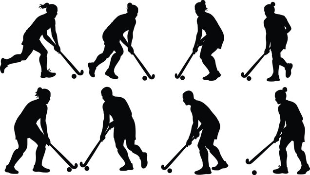 Field hockey player silhouette, stick and ball control, team sport posture, athletic motion outline, male and female athletes, competitive game shadow vector art