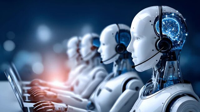 Robotic Customer Support Typing at Laptop in Dark Blue Tone