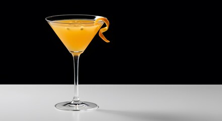 Vibrant Passion Fruit Martini Cocktail with Orange Peel Garnish on a White Table Against a Black Background