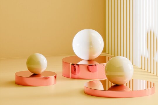 3D spheres on mirrored podiums in abstract setting
