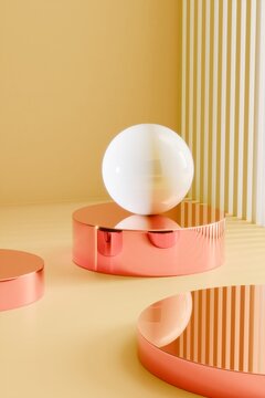 Glossy sphere on mirrored podium in 3D render
