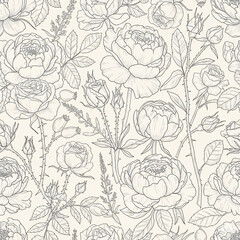Fototapeta premium Seamless floral pattern of roses and peonies, hand-drawn line art vector, vintage look