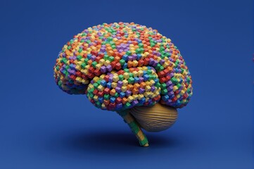 A colorful brain model composed of small, multicolored spheres against a blue background
